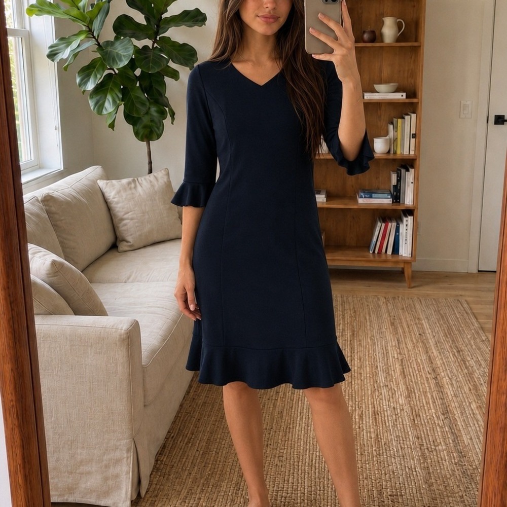 Talbots Sheath Dress 8 Navy Blue Ruffle Sleeve Hem Career Preppy Classic Chic